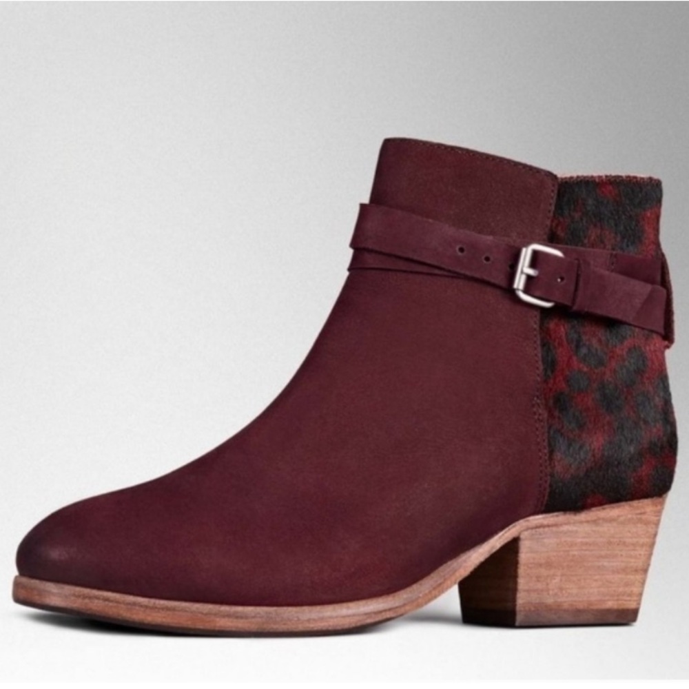 Boden Keira Burgundy Red Animal Print Suede Calf Hair Leather Ankle Booties